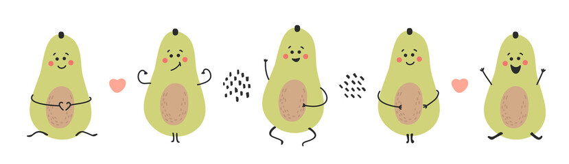 Smiling cheerful avocado. Green healthy food set. Vegan hand drawn collection. Vector illustration