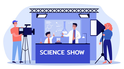 Man and boy shooting science show for children. Cameraman, flask, chemistry flat vector illustration. Entertainment and education concept for banner, website design or landing web page