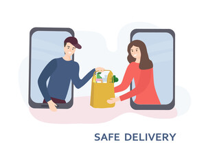 The concept of safe home delivery. The courier holds the package with the goods, hands the customer a fast food. Online store of goods, ordering over the Internet and delivery to the door of the home