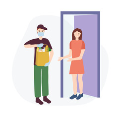 The concept of safe home delivery. Courier holds a bag of food, hands the customer fast food. Man in a mask and glove, protection from viruses. Online grocery store. Flat vector illustration
