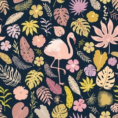 Seamless decorative pattern with flamingo bird and tropical colorful leaves - 424796266