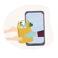 The concept of safe home delivery. The courier holds the package with the goods, hands the customer a fast food. Online store of goods, ordering over the Internet and delivery to the door of the home