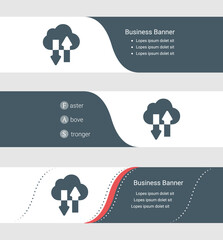 Set of blue grey banner, horizontal business banner templates. Banners with template for text and cloud technology symbol. Classic and modern style. Vector illustration on grey background