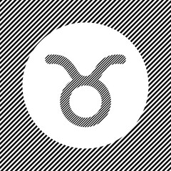 A large zodiac taurus symbol in the center as a hatch of black lines on a white circle. Interlaced effect. Seamless pattern with striped black and white diagonal slanted lines