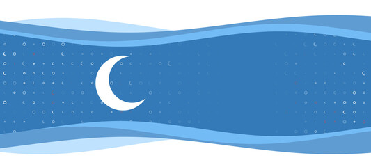 Obraz na płótnie Canvas Blue wavy banner with a white moon symbol on the left. On the background there are small white shapes, some are highlighted in red. There is an empty space for text on the right side