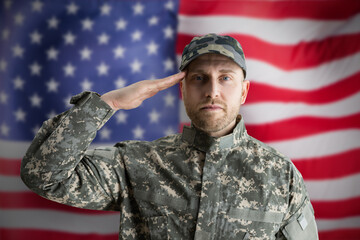 Military US Soldier Saluting Flag