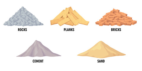 Different building materials vector illustrations set. Piles of construction materials, rocks, planks, bricks, cement, sand on white background. Building, construction material, industrial concept © Bro Vector