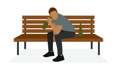 Male character with bottles sitting on wooden bench on white background