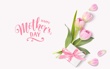 Happy Mothers Day design template. Calligraphic lettering text with decorative gift box and pink tulip flowers. Vector illustration	 - 424797870