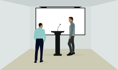 Fototapeta premium Two male characters stand at the microphone in a room with a screen on the wall