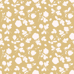 Seamless pattern with abstract garden rose, stem, bud and leaf silhouette. Brown background with blossoming flower. Vintage floral wallpaper. Vector stock illustration.