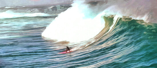 Surfer on the crest of a wave. Artistic work on the topic of sports and recreation