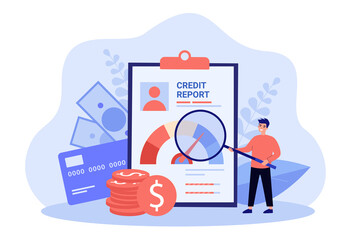 Male businessman with money and credit report. Bank finance document and money concept.Flat vector colorful illustration of bank account report, credit score for presentation or web page - obrazy, fototapety, plakaty