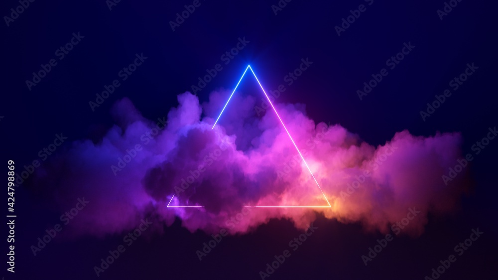 Sticker 3d render, abstract background with cloud and neon triangular shape in the night sky. stormy cumulus