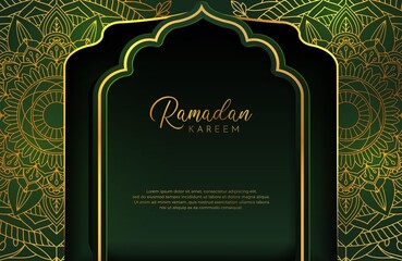 Luxury black gold background banner with islamic arabesque mandala ornament on dark green