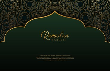 Luxury black gold background banner with islamic arabesque mandala ornament on dark green
