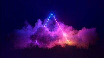 3d render, abstract background with cloud and neon triangular shape in the night sky. Stormy cumulus with glowing geometric frame - obrazy, fototapety, plakaty