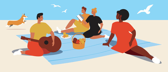 People having picnic together, flat vector stock illustration with friends and hobbies during dinner or lunch by the sea or river