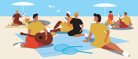 People having picnic together, flat vector stock illustration with friends and hobbies during dinner or lunch on the beach