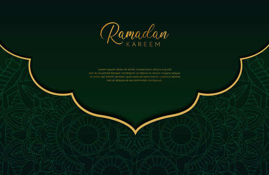 Luxury black gold background banner with islamic arabesque mandala ornament on dark green