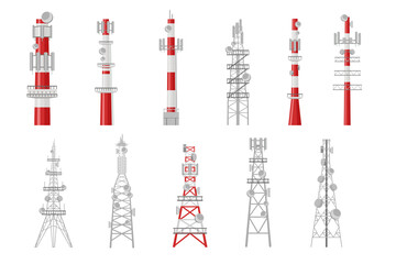 Set of cartoon radio towers vector illustration. Broadcast equipment representing telecommunication masts and wireless stations transmitting satellite signal. Communication, global technology concept