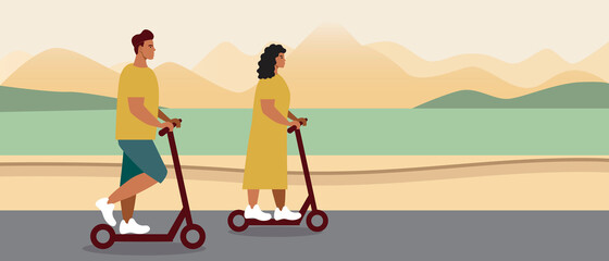 Couple on electric scooter, flat vector stock illustration with e-scooter for travel, man and woman driver