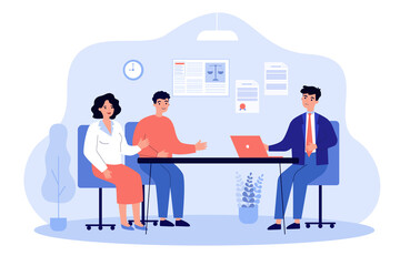Lawyer talking to clients. Legal worker giving advice to couple, financial consultation flat vector illustration. Communication, legislation concept for banner, website design or landing web page - obrazy, fototapety, plakaty