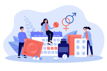 Female and male contraceptives and disease protection..Safety in sex and birth control concept. Condom, oral contraception, fertility flat vector colorful illustration