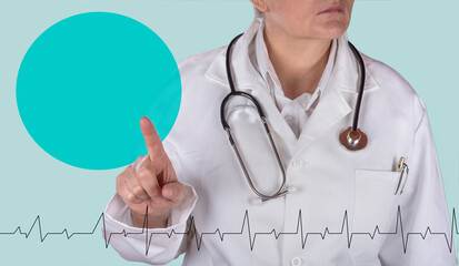 Female doctor with stethoscope raise finger and blank sign