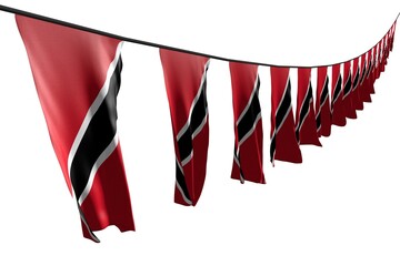 nice any occasion flag 3d illustration. - many Trinidad and Tobago flags or banners hangs diagonal with perspective view on string isolated on white