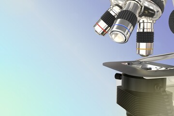 pharmaceutical analysis concept, lab electronic scientific microscope on gradient background - object 3D illustration