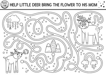 Mothers day black and white maze for children. Holiday preschool printable activity. Funny family love game with cute animals. Mother and baby labyrinth or coloring page with little deer and flower. .