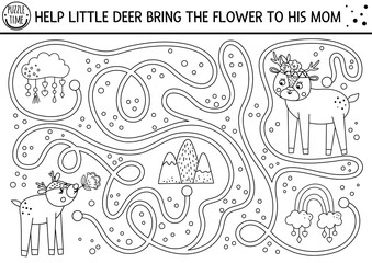 Fototapeta premium Mothers day black and white maze for children. Holiday preschool printable activity. Funny family love game with cute animals. Mother and baby labyrinth or coloring page with little deer and flower. .