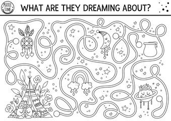Mothers day black and white maze for children. Holiday preschool printable educational activity. Funny family love line game with sleeping bears. Mother and baby labyrinth or coloring page.