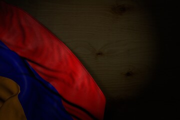 cute memorial day flag 3d illustration. - dark illustration of Armenia flag with big folds on dark wood with empty space for content