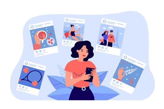 Cartoon young woman sharing life moments at social networks. Vector flat illustration. Modern happy girl holding smartphone, making posts on Internet. Addiction, social networks, Internet concept