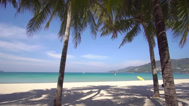 Phuket, Thailand. On 8 Jan 2021. And After chock corona virus 2019. Palm tree and beach, Landscape view of beach. sea in summer day. At Patong beach, Phuket, Thailand. Nature and travel concept.