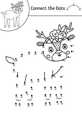 Vector dot-to-dot and color activity with cute deer. Spring holiday connect the dots game for children with funny forest animal. Woodland coloring page for kids. .