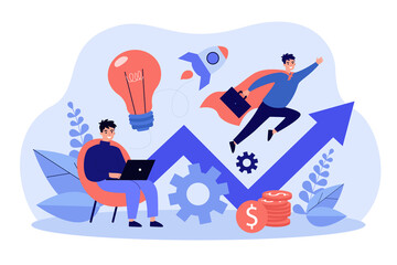 Successful businessman working with laptop and flying like superman. Concept for startup launch, venture, motivation, innovation and inspiration. Financial success flat vector illustration
