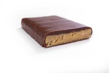 Chocolate coated bar on the white background