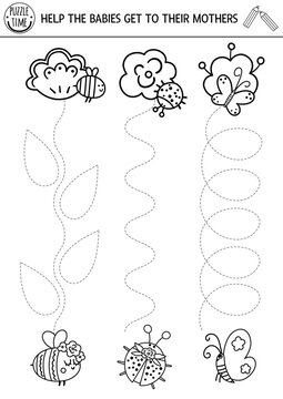 Vector mothers day handwriting practice worksheet. Spring printable black and white activity for preschool children. Tracing game for writing skills with cute insects, flowers and their babies.