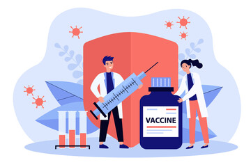 Two doctors with vaccine, test tubes and syringe. Concept of research, health, vaccination, disease, coronavirus, flu immunization. Red shield and bacteria on background. Flat vector illustration