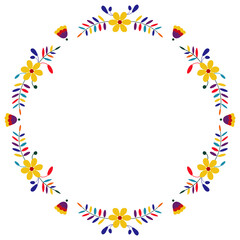 Fototapeta na wymiar Embroidery round floral frame border. Mexican Otomi embroidery. Folk embroidery pattern. Ethnic embroidery floral elements.