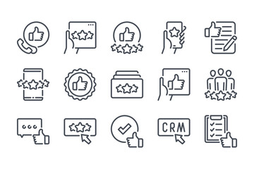 Testimonials and feedback line icon set. Customer Satisfaction and Service Rating linear icons. Review and Customer relationship management outline vector sign collection.