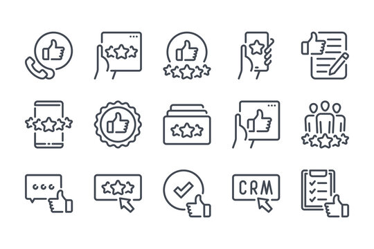 Testimonials and feedback line icon set. Customer Satisfaction and Service Rating linear icons. Review and Customer relationship management outline vector sign collection.