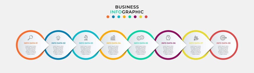 Vector Infographic design business template with icons and 8 options or steps. Can be used for process diagram, presentations, workflow layout, banner, flow chart, info graph