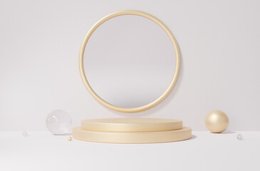 Gold podium color 3D white background with geometric shapes circle, display empty pedestal on one floors Curved wall the platform for product presentation minimal style, copy space, rendering