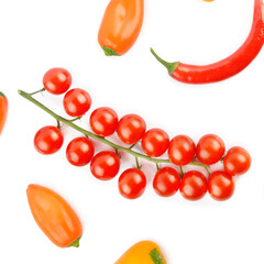 Chili peppers and cherry tomatoes isolated on white . view from above.