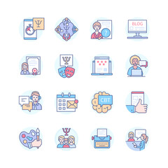 Psychology and types of therapy - line design style icons set