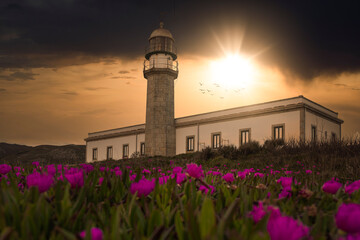 Lariño lighthouse at sunset in Galicia